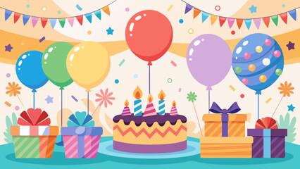 Vector art of a cheerful birthday party scene with a cake, balloons, gifts, and confetti, set against a light, festive backdrop