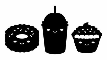 Black silhouette of a donut, a drink with straw and a cupcake with sprinkles, all with smiling faces