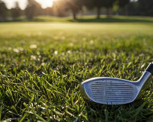 Golf club resting on dew covered grass at sunrise golf course
