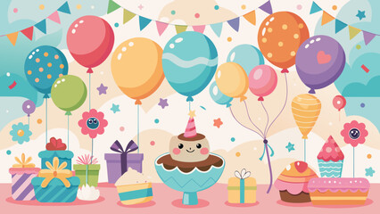 Vector art of a whimsical birthday party with a smiling cake character, balloons, gifts, and festive banners