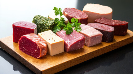 Assortment of mock meats displayed on wooden board, showcasing various textures and colors, garnished with fresh herbs