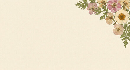 Fototapeta premium Delicate Pressed Flower Arrangement on Cream Paper Botanical Art Floral Design Vintage Style Wedding Invitation