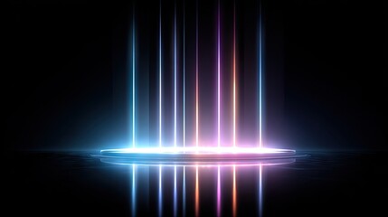 Circular platform with vibrant, colorful light beams.