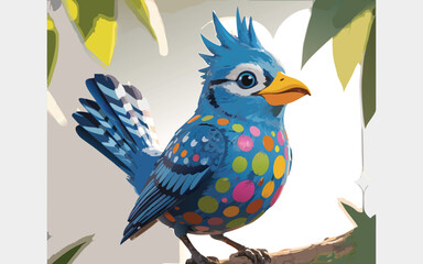 Colorful Spotted Bird with Crest Perched on Branch Under Leaves Artistic Illustration