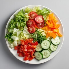 A plate of salad with tomatoes, cucums, and cucums