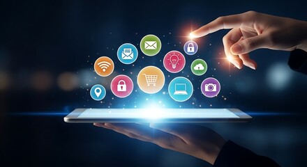 Hands hovering over a tablet displaying various colorful app icons, suggesting connectivity and digital interaction.