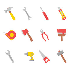 Flat Construction and Hand Tools Icon Set – Vector Illustration of Hammer, Wrench, Screwdriver, Saw, Paint Brush, Drill, Axe, Pliers, Cutter, and Tape Measure for Repair, DIY, and Builder Equipment