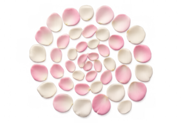 Soft pink and white rose petals swirling gracefully, forming elegant floral spiral design against transparent surface