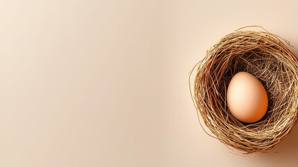Serene bird nest with single egg rests on soft beige background, evoking sense of calm and simplicity