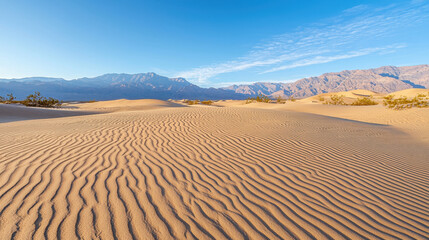 Serene desert landscape featuring rolling sand dunes under clear blue sky, showcasing beauty of nature
