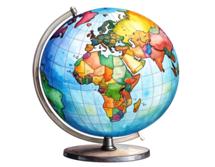Angled Side View of Colorful Educational World Globe with Tilted Axis, Transparent Background