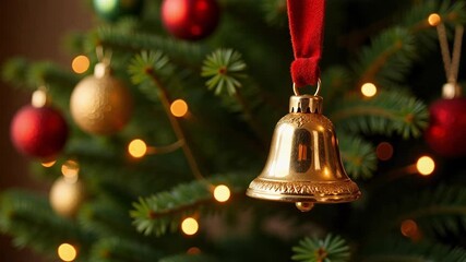 A golden bell ornament gently glows against a fir tree amidst warm holiday bokeh lights, resting on luxurious red velvet ribbon in striking footage. - Powered by Adobe
