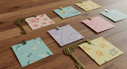 Decorative Keys and Patterned Notes Arranged on Wooden Surface