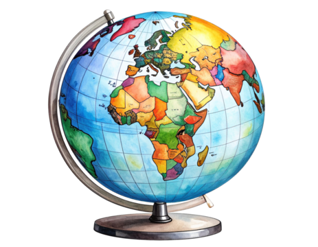 Angled Side View of Colorful Educational World Globe with Tilted Axis, Transparent Background