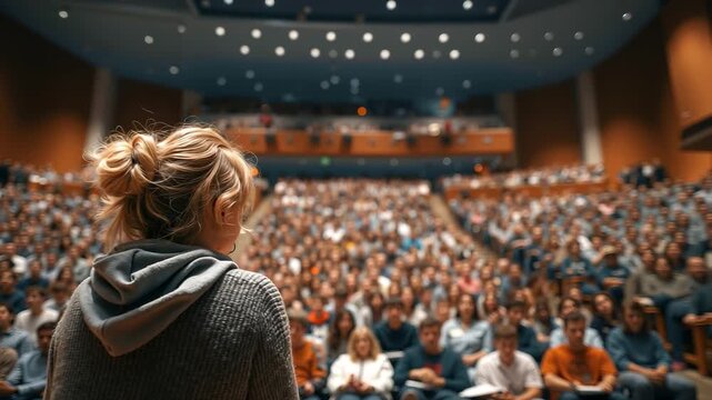 A woman standing in front of a large crowd of people in a lecture hall
