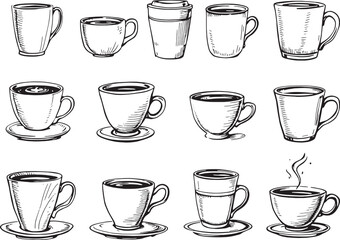 Coffee cup illustration line art elegant black ink drawing print