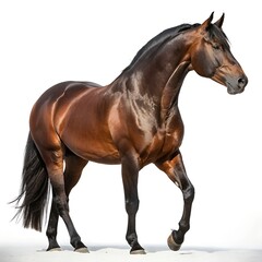 Obraz premium Muscular Brown Horned Horse Isolated on White – Power and Elegance in Detail