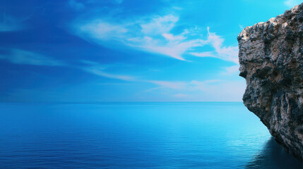 Serene coastal scene featuring rocky cliff against vibrant blue sky and calm ocean waters, evoking tranquility and beauty