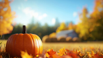 Vibrant pumpkin sits among colorful autumn leaves, capturing essence of fall harvest in serene landscape