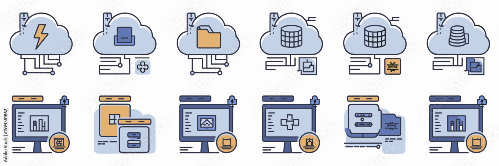 Poster vector cloud computing icon set in blue – suitable for data management tools, it presentations, or w