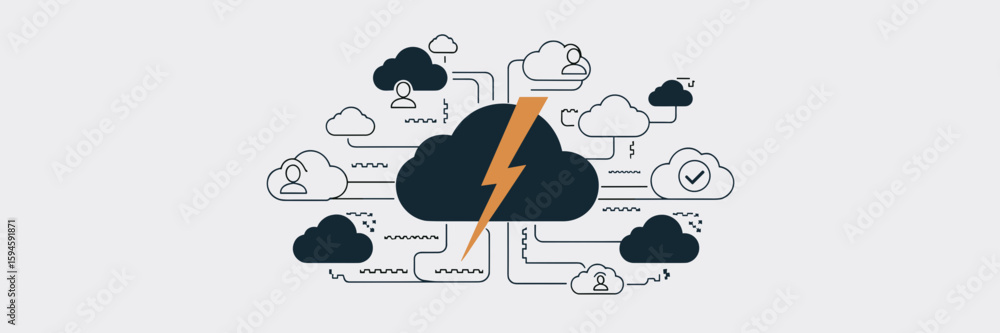Poster cloud network application icons with user, briefcase, and checkmark elements – ideal for corporate c