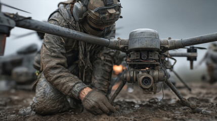 Fototapeta premium A soldier working on a drone in a muddy environment.