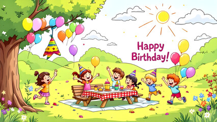 Children?? Birthday Picnic, isolated on white background