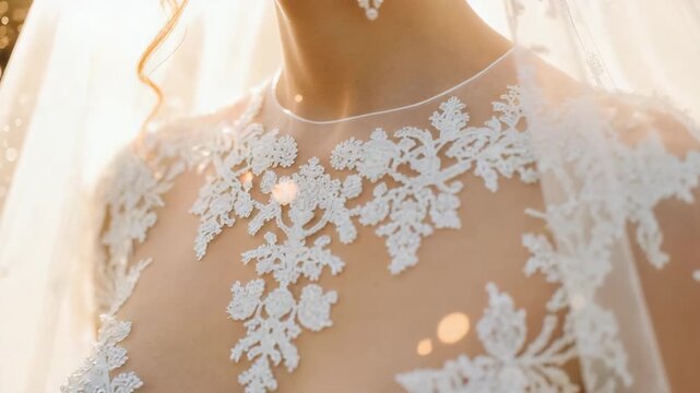 Close-up of a bride wearing a delicate lace wedding dress and veil