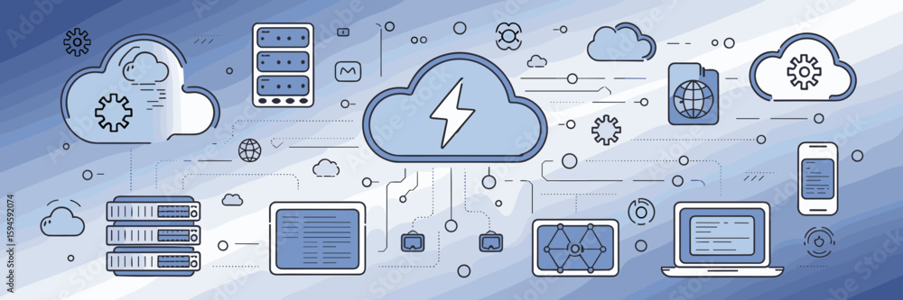 Poster cloud computing environment illustration with digital devices and server icons – great for tech blog