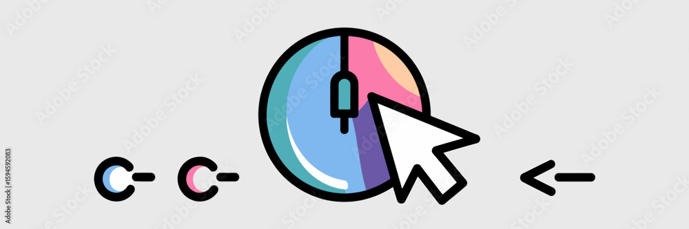 Poster computer mouse with colorful icons for single, double, and right clicks in vector style