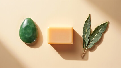 A natural beauty flat lay with a light terracotta-colored clay soap bar and a green jade stone placed beside it. A few sage leaves enhance the scene.