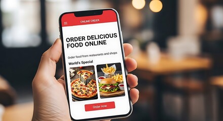 A person's hand holds a smartphone displaying a food ordering app.