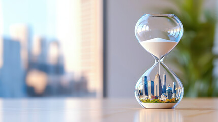 Beautiful hourglass with city skyline inside, symbolizing passage of time and urban life
