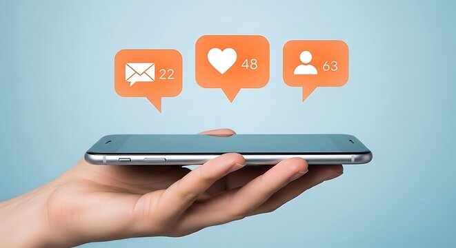 A hand holding a smartphone with social media notification icons floating above.