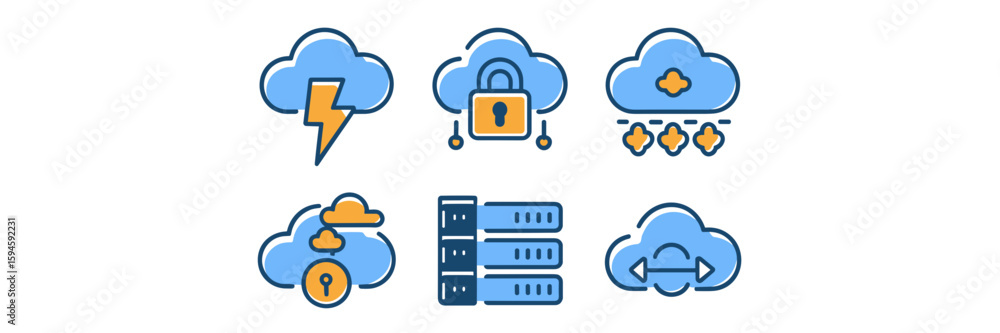 Poster flat style illustration of cloud storage icons with lightning, lock, server, and sync symbols – perf
