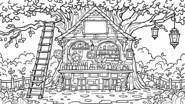 Whimsical treehouse cafe scene, isolated on white background