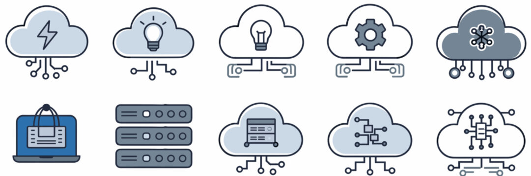 Vector icon set of cloud network symbols with tech elements – Ideal for software development, cloud computing branding, or IT service promotions.
