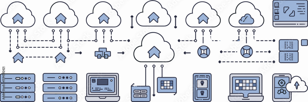 Poster minimalist digital cloud network icons with devices and data transfer – perfect for mobile app desig