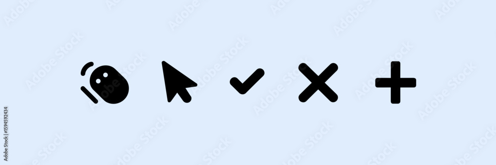 Poster vector icon set of mouse pointer, cursor, checkmark, x mark, and plus sign on white background