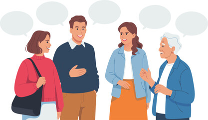 Group of Four People Conversing with Speech Bubbles, Diverse Ages, Smiling, Casual Clothing, Art