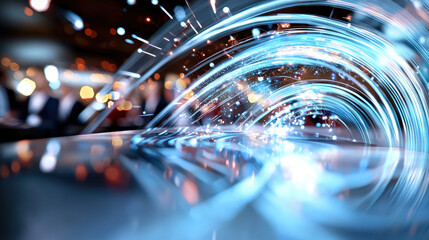 Abstract digital wave with glowing particles and light trails, representing innovation and technology in modern setting