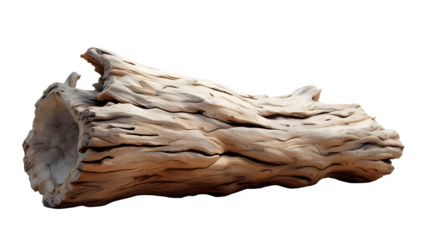 Weathered driftwood log, isolated on white background