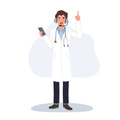 doctor with headset giving advice using smartphone cartoon illustration of telehealth consultation