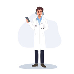 telemedicine online doctor cartoon male healthcare worker with headset and smartphone