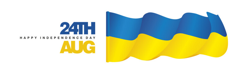24th of August Ukraine Happy Independence Day banner with wavy Ukraine flag on white background