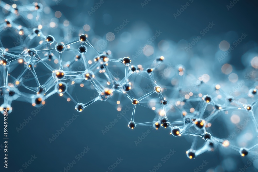 Poster abstract network of connected spheres with glowing cores on a blue background. it can illustrate sci