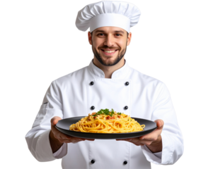 Chef Holding a Plate of Pasta, Front View, Transparent Background