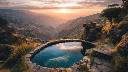Obraz premium A mountain pool reflecting a beautiful sunset over a valley.