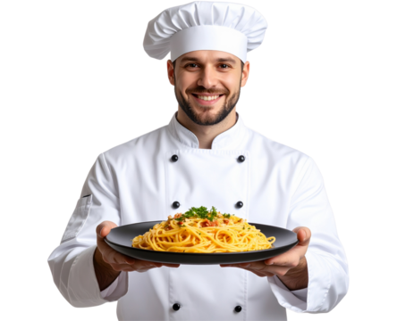 Chef Holding a Plate of Pasta, Front View, Transparent Background