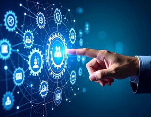 Hand Touching Digital Network Interface with Business and Technology Icons